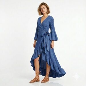 Gretty Zueger Womens Cotton Boho Wrap Midi Dress Embroidered Bell Sleeve M